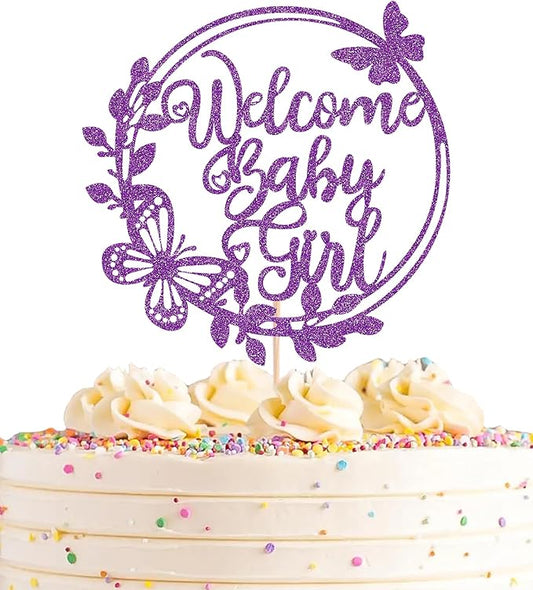 Welcome Baby Girl Cake Topper - Deep Purple Glitter Baby Shower Cake Decorations, Baby Girl Cake Decor, for Baby Shower/Birthday Party/Gender Reveal Party Photo Booth Props