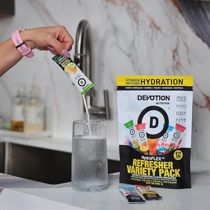 Devotion Nutrition HydroFLEX Water Flavoring Packets ??Sugar-Free Hydration with Vitamins & Electrolytes ??Dye-Free, Gluten-Free (4-Flavor Refresher Variety Pack) 12-Pack Drink Mix
