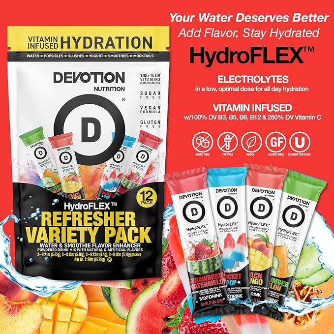 Devotion Nutrition HydroFLEX Water Flavoring Packets ??Sugar-Free Hydration with Vitamins & Electrolytes ??Dye-Free, Gluten-Free (4-Flavor Refresher Variety Pack) 12-Pack Drink Mix