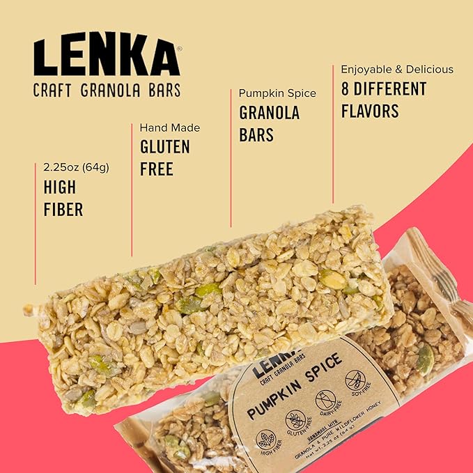 Lenka Bars - Pumpkin Spice Snack Bars, Gluten Free, High Fiber, Kosher, Wholesome, No Artificial Flavors, Individually Wrapped - 12 Pack
