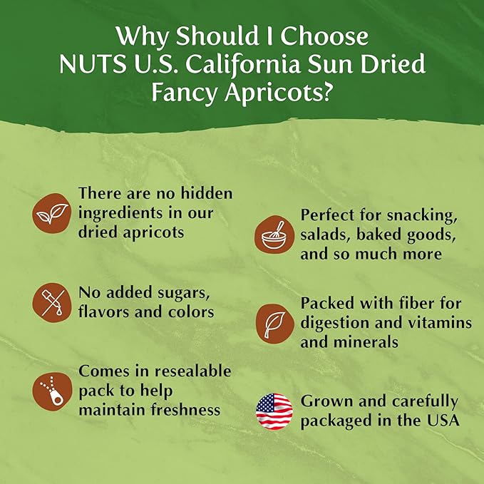 NUTS U.S. - California Sun Dried Fancy Apricots | Juicy and Tangy Flavor | No Sugar or Color Added | Gluten Free and NON-GMO | Apricots In Resealable Bags (1 LB)