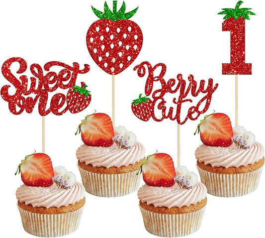 24Pcs Sweet One Cupcake Toppers Glitter First Birthday Strawberry Cupcake Picks for Fruit Baby Shower 1st Birthday Berry Sweet Cupcake Decorations Party Supplies Red