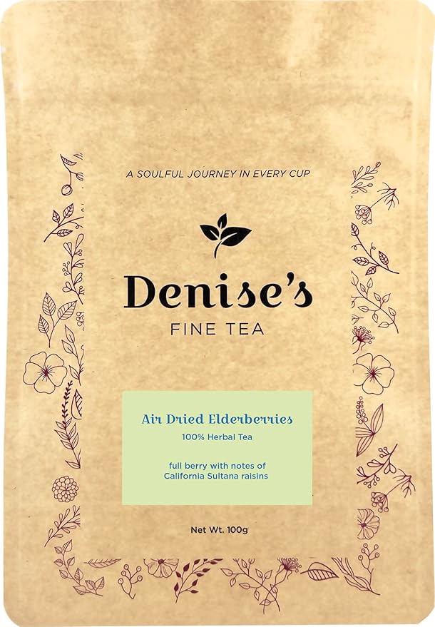 Denise's Fine Tea, Air Dried Elderberries, Herbal Tea, Caffeine-Free Fruit, Loose, Kosher, Vegan (100g)