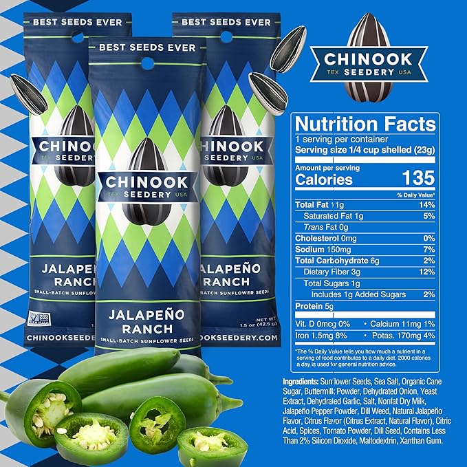 Chinook Seedery Roasted Sunflower Seeds to Eat - 1.5 oz (Pack of 36) Jalapeno Ranch - Jumbo Low Sodium Sunflower Seeds Keto Snacks - Adventure, Baseball, School Snacks - Gluten Free, Non GMO Snacks
