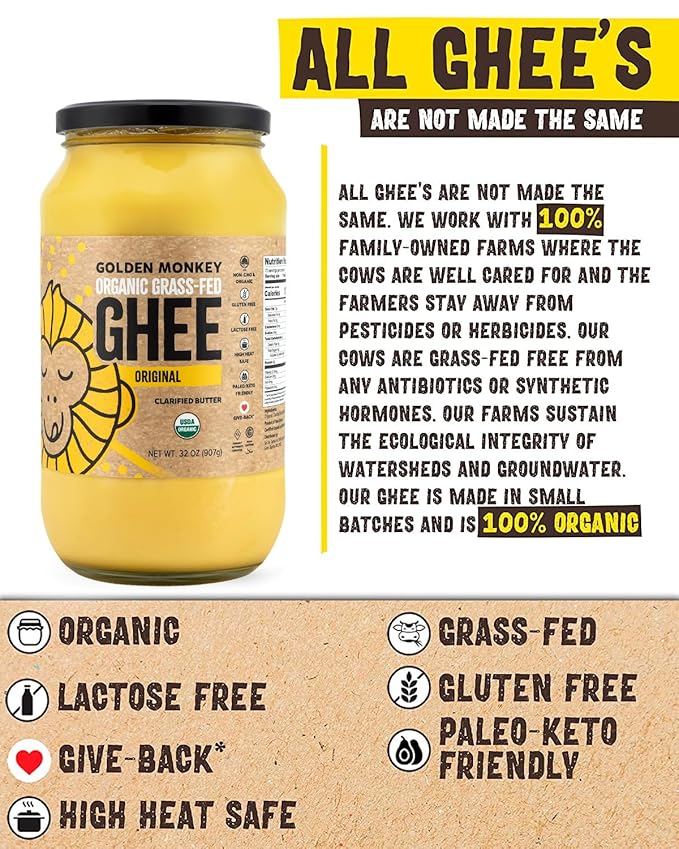 GOLDEN MONKEY Organic Ghee Butter ??Grass Fed Clarified Butter for Cooking, Baking, Keto & Gut Health ??Ghee Butter Organic Grass Fed from Small Farms ??Smooth Spread with High Smoke Point (32oz)