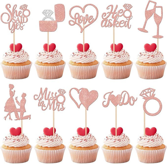 30 PCS He Asked She Said Yes Cupcake Toppers Glitter Wedding Engagement Cupcake Picks Miss to Mrs I Do Love Heart Ring Miss to Mrs Cake Decorations for Wedding Engagement Party Supplies Rose Gold
