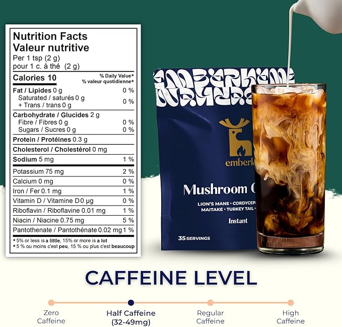 Emberk Organic Instant Mushroom Coffee - 35 Servings of Arabica Coffee with Six 100% Fruiting Body Mushrooms for Mental Clarity, Sustained Energy, Gut Health and Immune Support - 70g