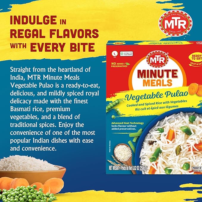 MTR Ready-To-Eat: Vegetable Pulao - Microwavable Rice Packs for Instant Meals - Delicious & Nutritious Rice Ready in Minutes - Suitable for Vegetarians with Natural Ingredients - (Pack of 6)
