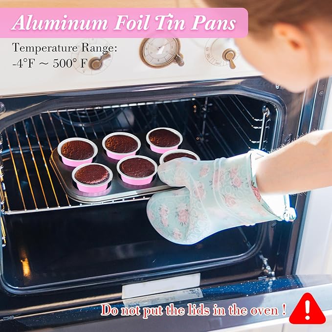 Eaasty 150 Pcs Baking Cups with Lids, 1.6 oz Muffin Cupcake Liners Aluminum Foil Mini Cake Pans Small Disposable Ramekins Flan Containers with Lids for Weddings, Birthday, Various Holiday (Pink)