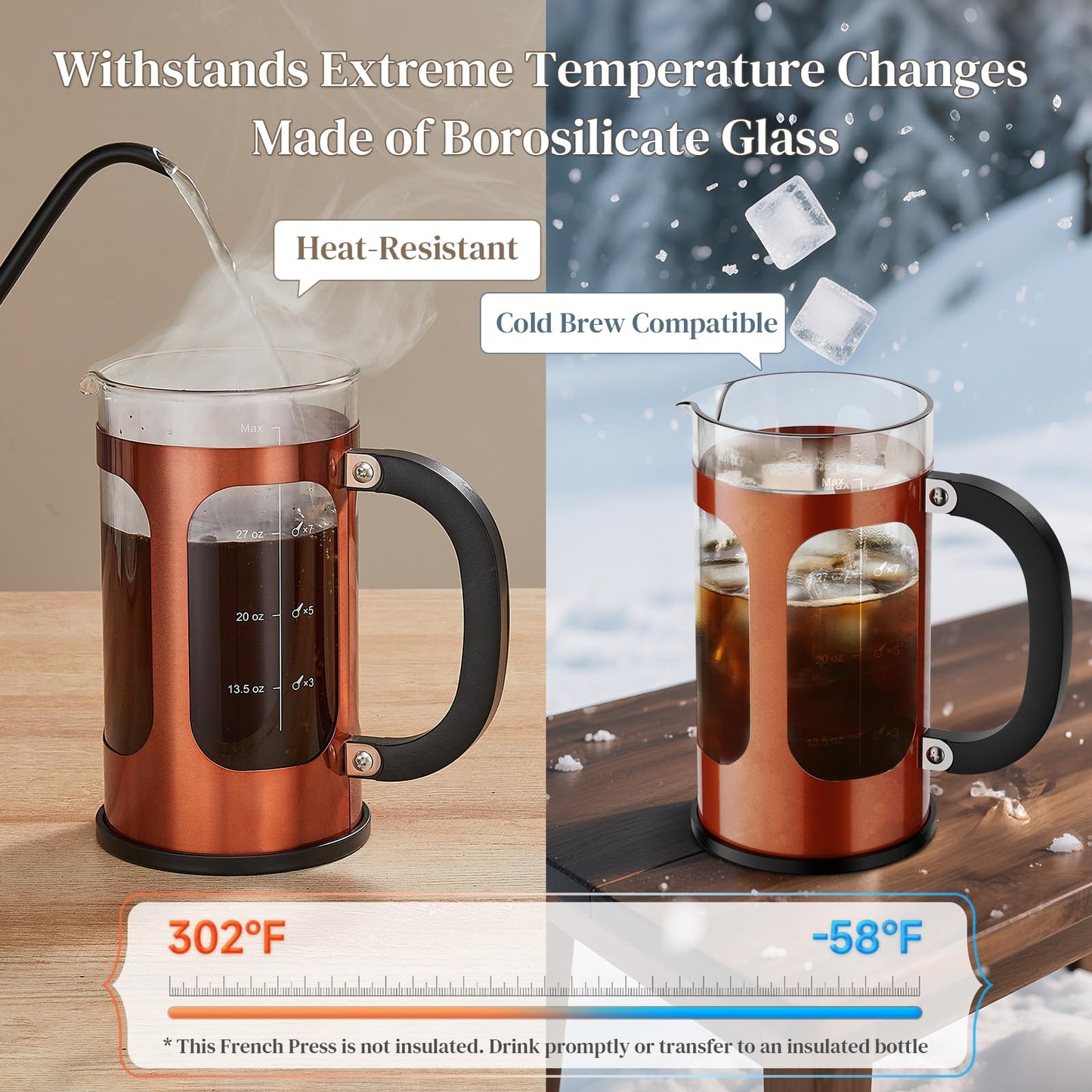 Veken French Press Coffee Maker,No Plastic Touching Cafe,34oz 1L Cafetera