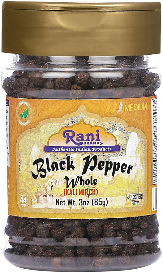 Rani Black Pepper Whole (Peppercorns), Premium MG-1 Grade 3oz (85g) PET Jar ~ All Natural | Gluten Friendly | Non-GMO | Kosher | Product of Vietnam | Perfect size for Grinders!