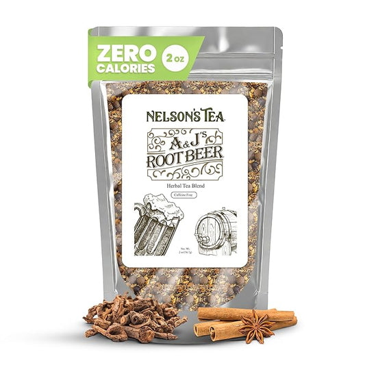 Nelson's Tea A&J's Root Beer - Sarsaparilla Root Herbal Loose Leaf Tea - A Harmonious Blend of Flavorful Ingredients like Sarsaparilla, Burdock Root, Birch Bark, and More! (2 oz)