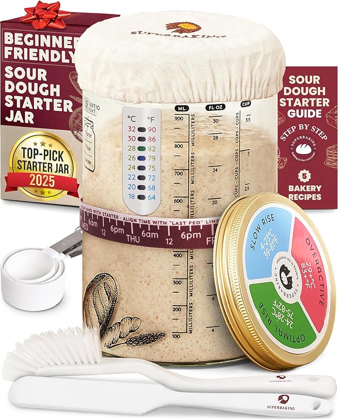 Superbaking Sourdough Starter Jar, Beginner Sourdough Starter Kit, 34oz Wide Mouth Sour Dough Glass Jar with Guides & Recipes, Sourdough Bread Baking Supplies, Sourdough Container Crock