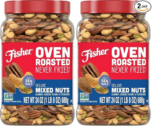 Fisher Oven Roasted Never Fried Deluxe Mixed Nuts, 24 Ounces (Pack of 2), Almonds, Cashews, Pecans, Pistachios, Snacks for Adults, Made With Sea Salt, No Added Oil, Artificial Ingredients or Preservatives, Trail Mix, Gluten Free