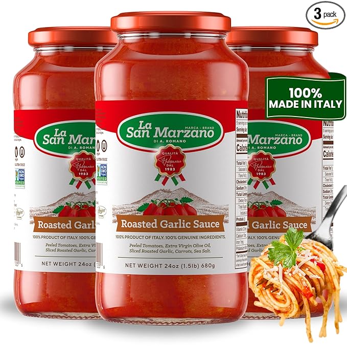 La San Marzano Roasted Garlic Sauce, 24 oz, Pasta Sauce Made in Italy, All Purpose Tomato Premium Quality, All Natural, Mediterranean Diet, Non GMO, Vegan, Gluten Free