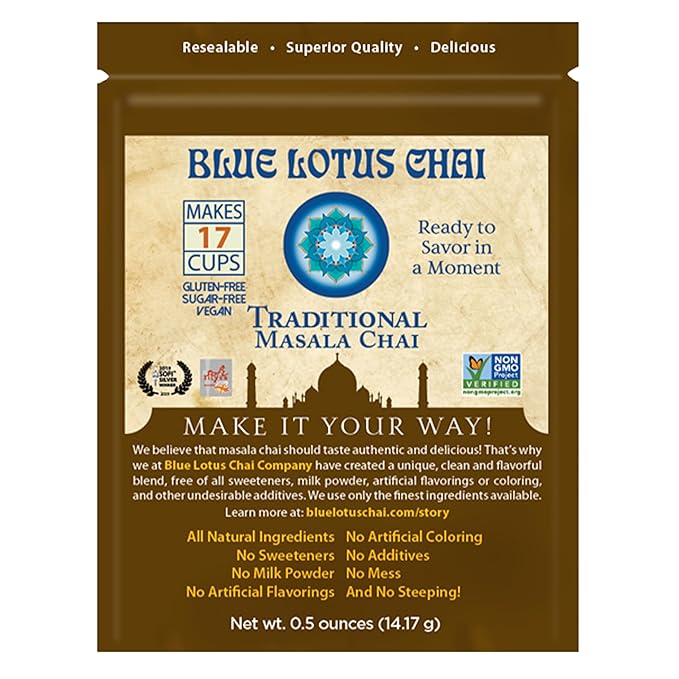 Blue Lotus Chai - Traditional Masala Chai - Makes 17 Cups - 0.5 oz Pouch Masala Spiced Chai Powder with Organic Spices - Instant Indian Tea No Steeping - No Gluten