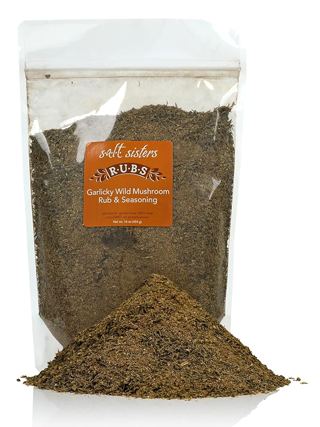 s.a.l.t. sisters Garlicky Wild Mushroom Rub & Seasoning | All-Natural, Gluten Free, MSG Free, Non-GMO | Dry & Wet Rub Seasoning Base | Versatile Use for Chicken Wings, Brisket, Pulled Pork | 1lb