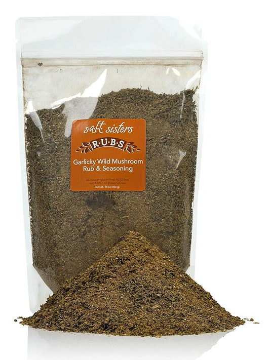 s.a.l.t. sisters Garlicky Wild Mushroom Rub & Seasoning | All-Natural, Gluten Free, MSG Free, Non-GMO | Dry & Wet Rub Seasoning Base | Versatile Use for Chicken Wings, Brisket, Pulled Pork | 1lb