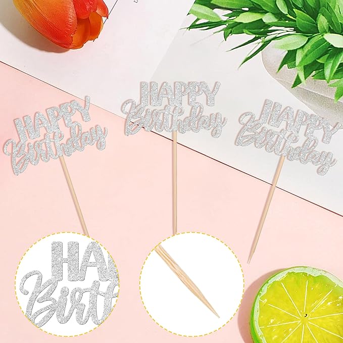 30 PCS Happy Birthday Cupcake Toppers Glitter Happy Birthday Cupcake Picks for Celebrating Birthday Anniversary Theme Party Cake Decorations Supplies Silver