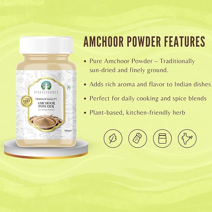 AYURVEDASHREE AMCHOOR POWDER 100g All Natural | Salt Free | Vegan | NON GMO | Amchur (Dried Mango) Ground | Indian Origin (Amchoor Powder/Dry Mango Powder)