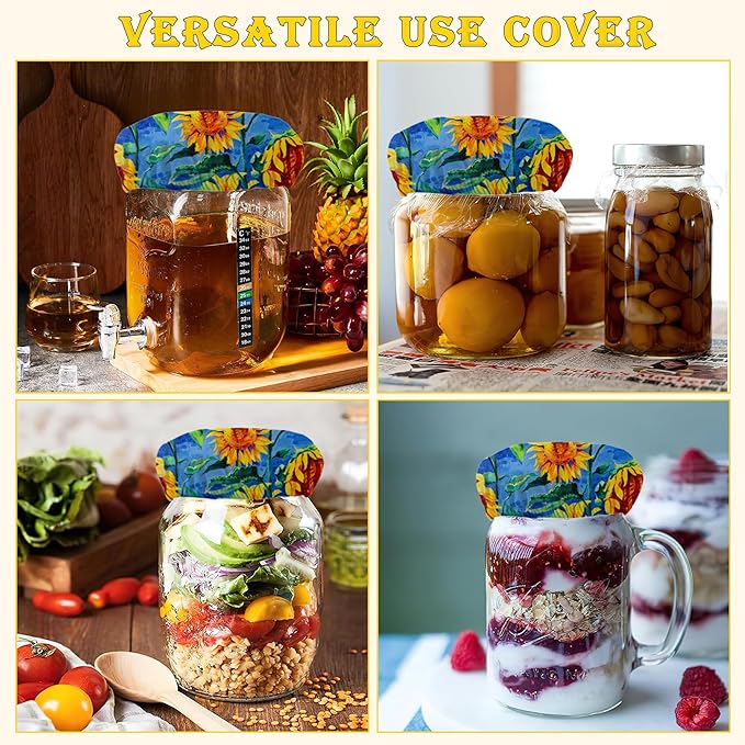 Sunflower Field Sourdough Starter Jar Cloth Covers, Gifts for Women Baker 5 Pack Kit Stretchy Cloth Bowl Lids Fits Jar Mouth Ranging 3"- 4" Inches