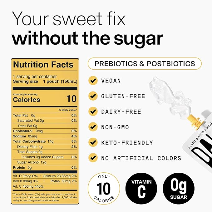 Dally Mango Drinkable Konjac Jelly (10 Pouches) ??10-Calorie, Zero Sugar Korean Fruit Snack ??Prebiotics & Postbiotics for Skin, Immune & Weight Management