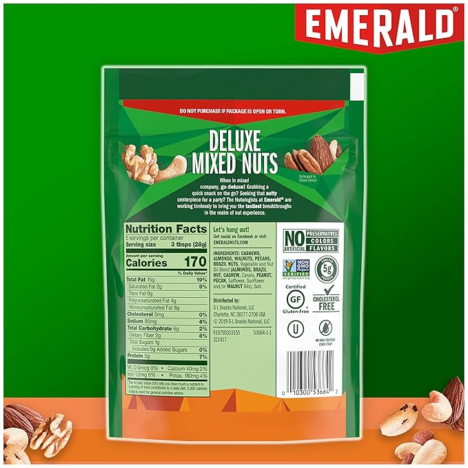 Emerald Nuts Deluxe Mixed Nuts (1-Pack), Features Roasted and Salted Nuts, Including Almonds, Cashews, Walnuts, Brazil Nuts and Pecans, 5oz Resealable Bag