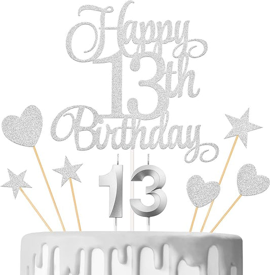 13th Birthday Cake Decorations, 13th Birthday Candles Cake Numeral Candles and Glitter Happy 13th Birthday Cake Toppers Set for Birthday Party Supplies (Silver)