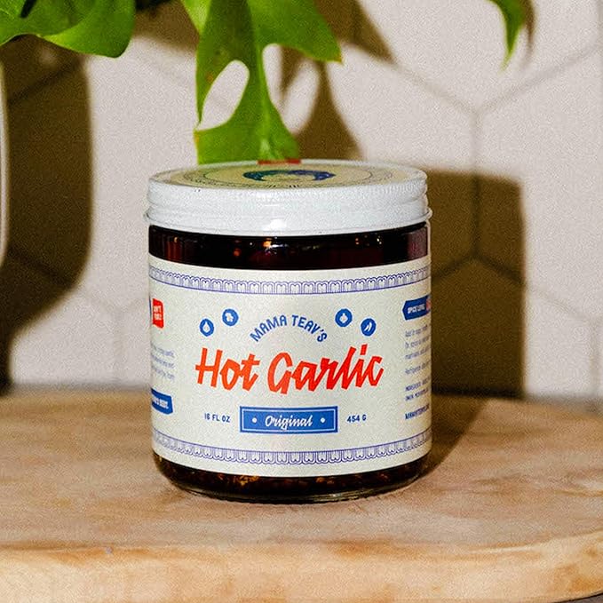 Mama Teav's Hot Garlic Chili Crisp - Spicy, Crunchy, Umami Chili Oil with Garlic & Cambodian Chilis - Vegan, Gluten-Free, All-Natural - Cold-Pressed Grapeseed Oil - 6oz Jar