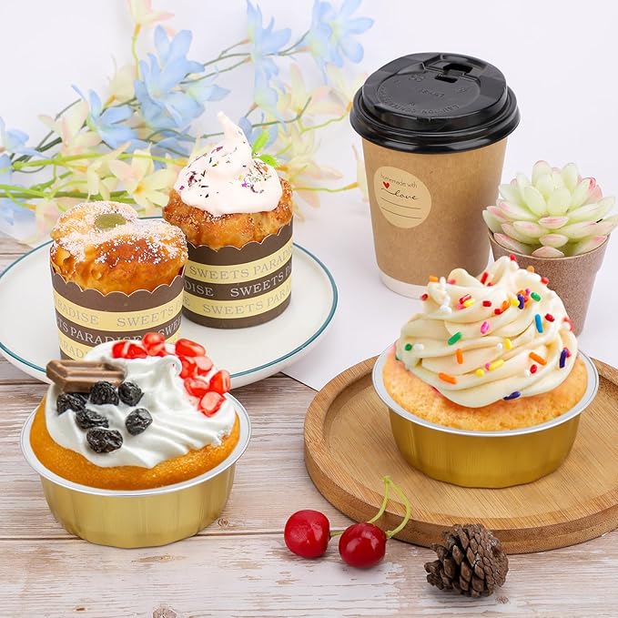 Beasea 8 oz 100 Pack Aluminum Ramekins, Disposable Ramekins Foil Cups Baking 3.9" Ramekin Cup Muffin Cupcake Aluminum Baking Cup Mini Pudding Souffle Cups for Party Wedding Birthday - Gold