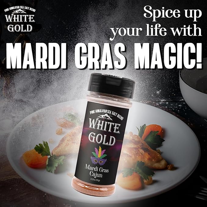 White Gold Cajun Seasoning - Cajun Spice with Pink Himalayan Sea Salt - Mardi Gras-inspired Gourmet Flavor for Vegetables, Stews & Grilling Seasoning, Natural Ingredients, Gluten-Free, Vegan, Keto Friendly