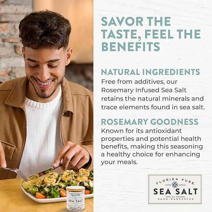 FLORIDA PURE Rosemary Sea Salt 80+ Mineral Sea Salt Unrefined, Non Iodized Natural Sea Salt for Baking, Cooking, Seasoning & Enhancing Taste, Rich in Taste Rosemary Salt, Flaky Sea Salt (1.8 oz Jar)
