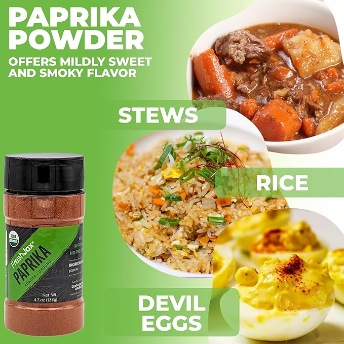 FreshJax Organic Paprika Powder (4.7 oz Large Bottle) Non GMO, Gluten Free, Keto, Paleo, No Preservatives Certified Organic Ground Paprika Seasoning Powder | Handcrafted in Jacksonville