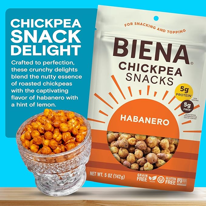 BIENA Chickpea Snacks - Crunchy Roasted Chickpeas - High Fiber Vegan Protein Snacks for Adults and Kids - 8-Pack, 5 Ounce - Habanero
