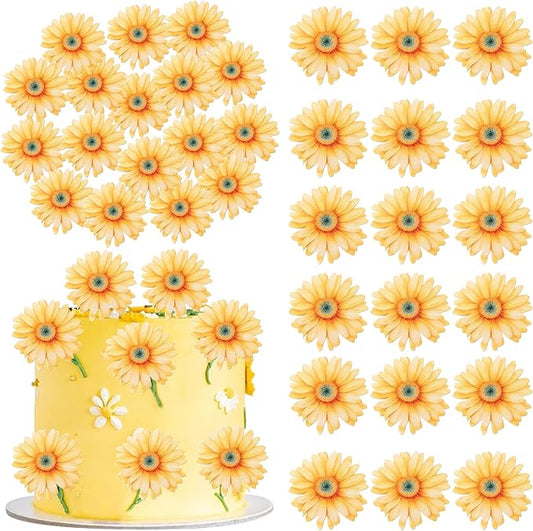 60 Pack Edible Flower Cupcake Toppers Wafer Paper Beautiful Flower Cake Picks for Wedding Birthday Theme Baby Shower Party Cake Decorations Supplies Yellow