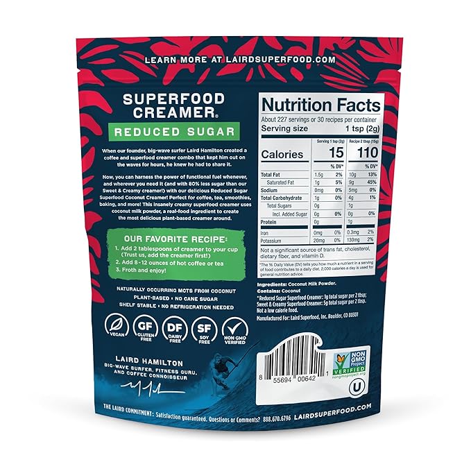 Laird Superfood Non-Dairy Reduced Sugar Superfood Coconut Powder Coffee Creamer, Keto, No Sugar Added, Gluten Free, Non-GMO, Vegan, 16 oz. Bag, Pack of 1