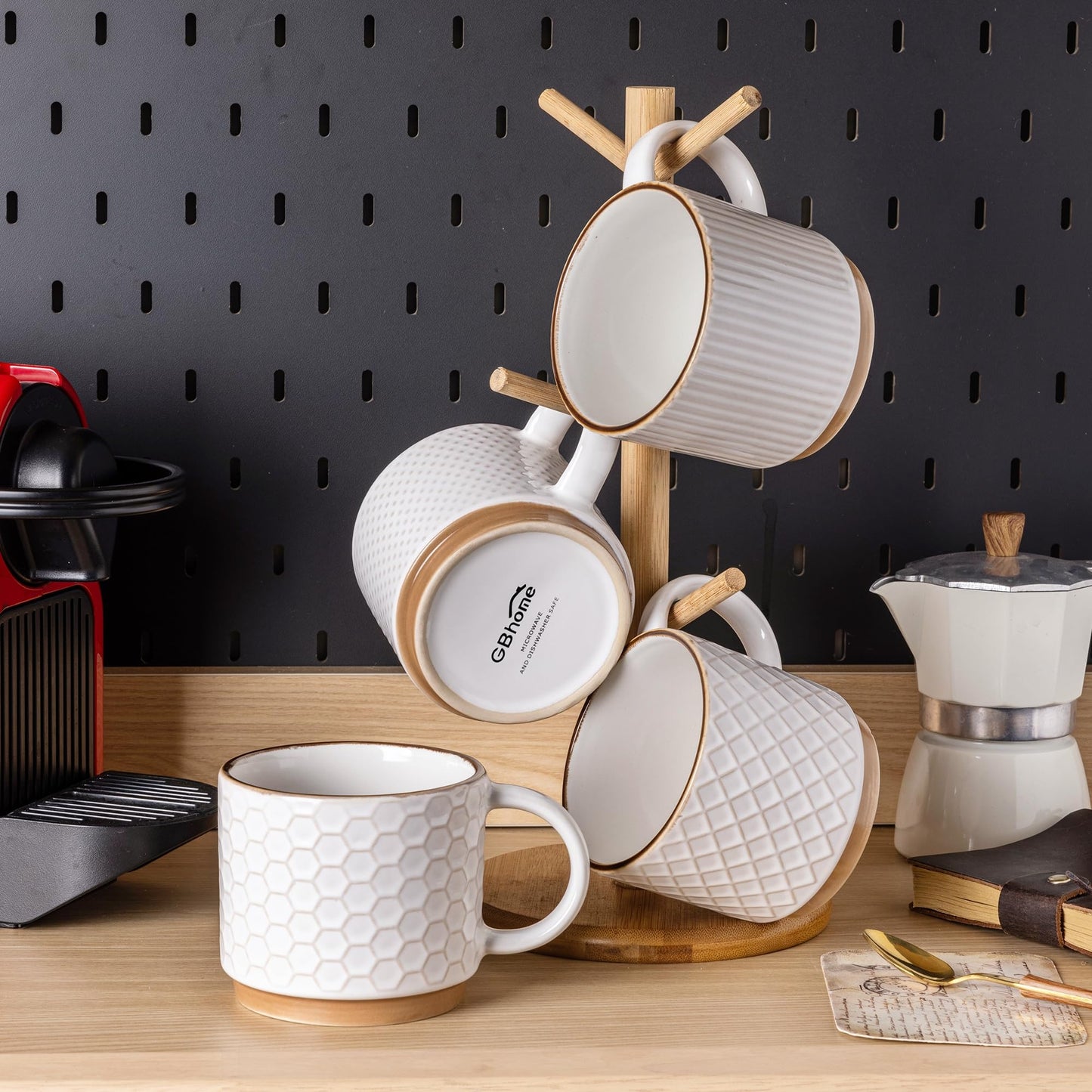 GBhome 12 OZ Stackable Coffee Mugs Set of 4, Ceramic Coffee Cups Set
