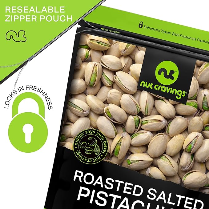 NUT CRAVINGS - Freshly Roasted & Salted California Pistachios (16oz - 1 LB) Packed Fresh in Resealable Bag - Nut Snack - Food Assortments