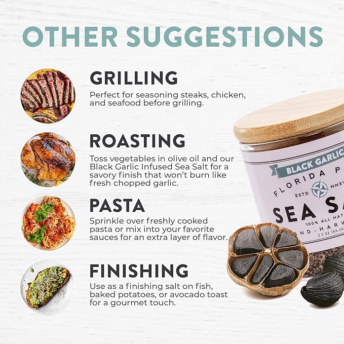 FLORIDA PURE Black Garlic Sea Salt - 80+ Mineral Sea Salt, Natural, Unrefined, Non Iodized - for Baking, Cooking, Seasoning & Enhancing Taste - Rich in Taste Flaky Sea Salt (2.3 oz Jar)