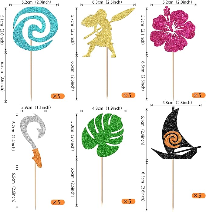 Rsstarxi 30 Pack Moana Cupcake Toppers Glitter Palm Leaf Flower Cupcake Picks Tropical Hawaiian Luau Cupcake Decorations for Moana Baby Shower Birthday Party Cake Decorations
