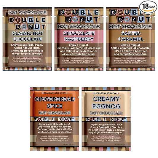 Double Donut Flavored Hot Chocolate Packets Variety Pack,18 Count Includes Classic, Chocolate Raspberry, Salted Caramel & Peppermint