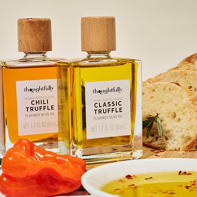 Thoughtfully, Truffle Oil Trio, Includes Classic, Garlic, and Chili Truffle Infused Olive Oil in 1.7 oz Glass Bottles, Set of 3