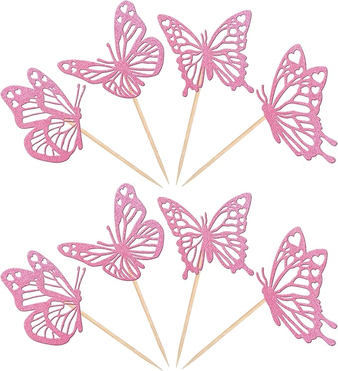 Rsstarxi 24 Pack Pink Glitter Butterfly Cupcake Toppers Glitter Assembled Hollow Butterfly Baby Shower Cupcake Picks Wedding Engagement Bridal Shower Kids Birthday Party Cake Decorations