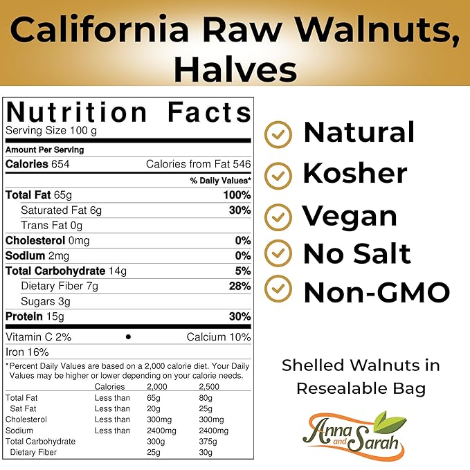 Anna and Sarah California Raw Walnuts-Halves & Pieces 48 Oz -100% Natural, No Preservatives, Non-GMO, Kosher, Vegan, No Salt, Shelled Walnuts in Resealable Bag, 3 Lbs