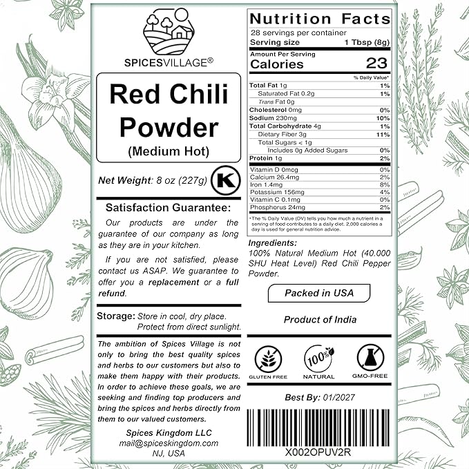 Spices Village Red Chili Powder, Medium Hot Ground Red Peppers for Cooking, 8 oz, Kosher Certified, Indian Chili Seasoning, Gluten Free, Non GMO, Cayenne Pepper Powder, Resealable Bulk Bag
