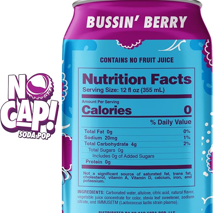 No Cap! Healthy Soda Alternative, Zero Sugar, Low Calorie, Caffeine Free, Vegan, Gluten Free, Great For Kids & Teenagers 12 Oz Cans, 12 Pack (Bussin Berry)
