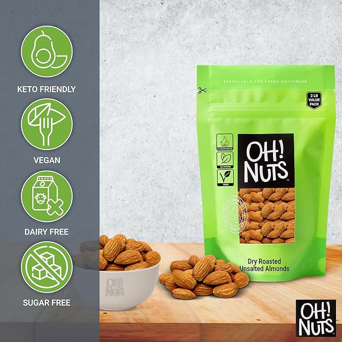 Oh! Nuts Almonds - Dry Roasted Unsalted Almonds - 2 lb - No Salt, No Oil All-Natural Protein - Packed in New York Zip-Seal Bag for Exceptional Freshness
