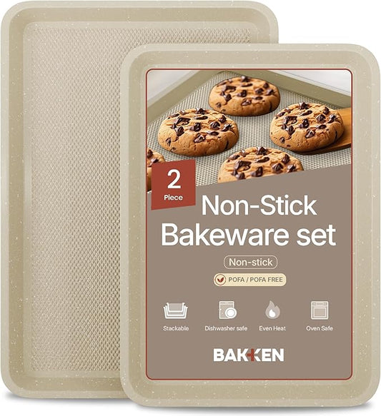 Diamond Bottom Cookie Sheet Set of 2, Nonstick White Marble Carbon Steel Baking Pans for Crisp Baking, Space-Saving Stackable Trays, PFOA, PFOS, PTFE Free, Oven Safe Up to 450°F, Small & Medium Pans