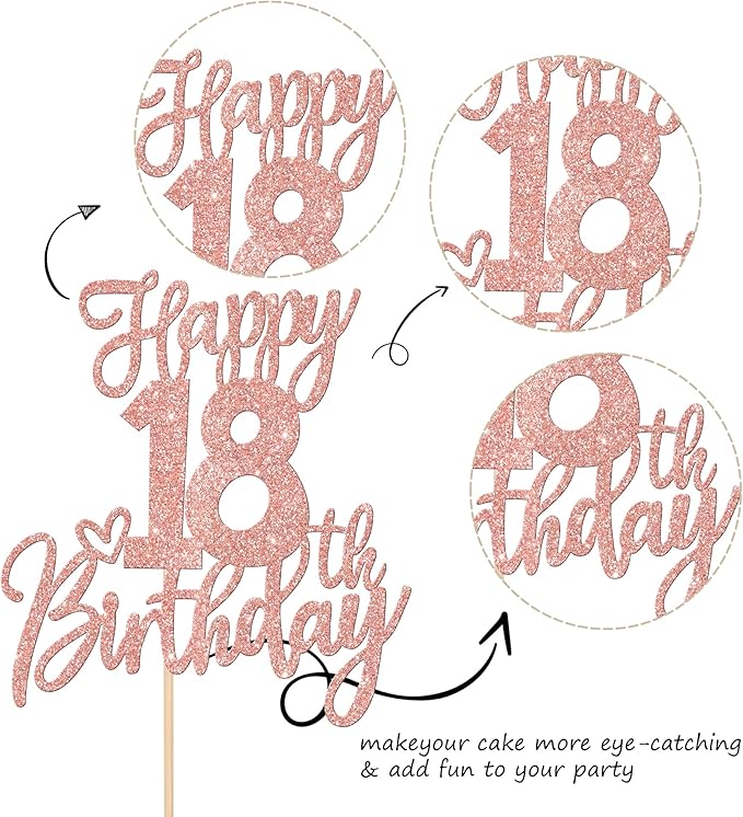 1 PCS Happy 18th Birthday Cake Topper Glitter Cheers to 18 Years Birthday Cake Pick Eighteen Hello 18 Fabulous Cake Decorations for Happy 18th Birthday Anniversary Party Supplies Rose Gold