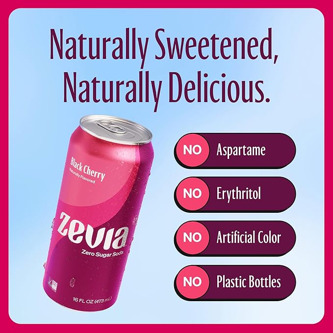 Zevia Zero Sugar Soda, Black Cherry, 16 oz Cans (12-Pack) ??Naturally Sweetened, Non-GMO Project Verified, Gluten-Free, Vegan